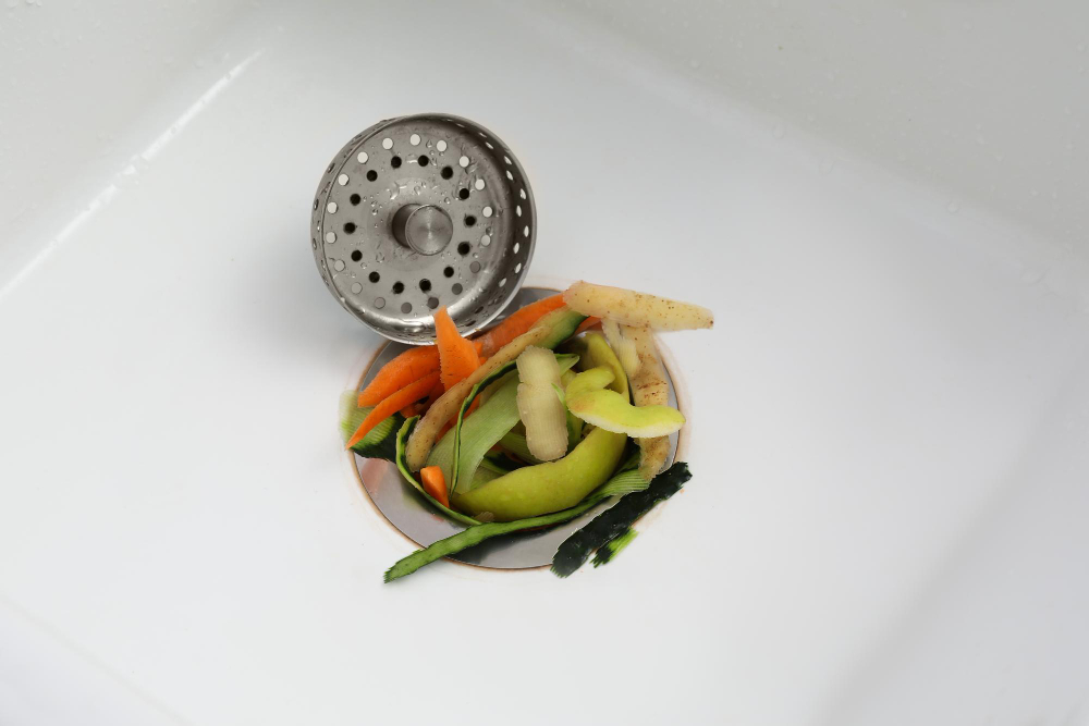 %Focuskw% | Strongbuilt Plumbing, Air, Electrical Vegetable peels and scraps are collected in a white sink drain with a metal strainer resting to the side.
