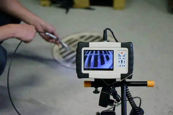 A person uses a camera inspection system to view the inside of a drain, with the screen displaying the drain grid pattern.