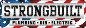 Strongbuilt logo with American flag background; text reads "Plumbing, Air, Electric.