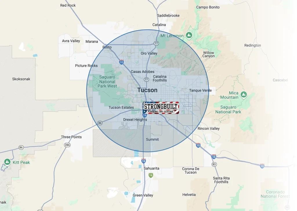 Map displaying Tucson, Arizona, and surrounding areas with a highlighted circular region. A "Strongbuilt" logo is centered within the circle.