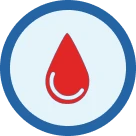 Icon of a red droplet surrounded by a blue circle on a white background.