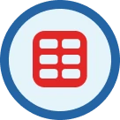 Icon with a red, six-cell grid on a light blue circle, bordered by a dark blue ring.