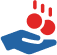 Simple graphic of a blue hand facing upward, with three red droplets falling above it.