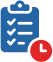 Blue clipboard with white text and a red clock symbol in the bottom right corner.