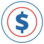 Blue dollar sign inside a red circle on a white background, surrounded by a thin blue border.