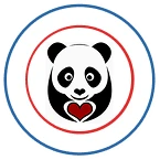 Logo featuring a panda with a heart on its chest, encircled by a red and blue ring.