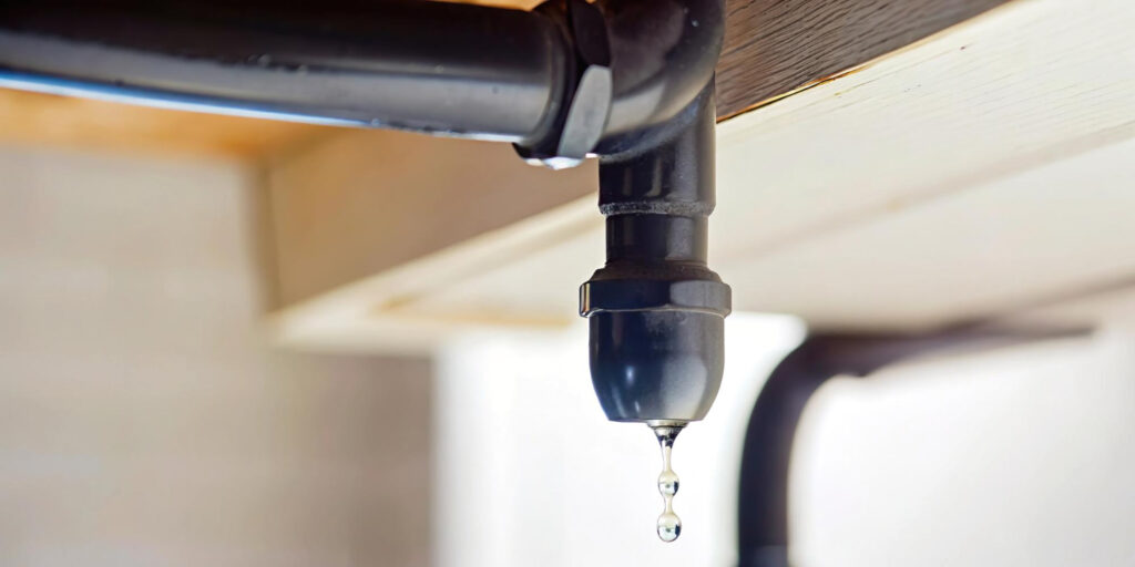 Close-up of a black pipe under a sink with water dripping from a leaking joint.