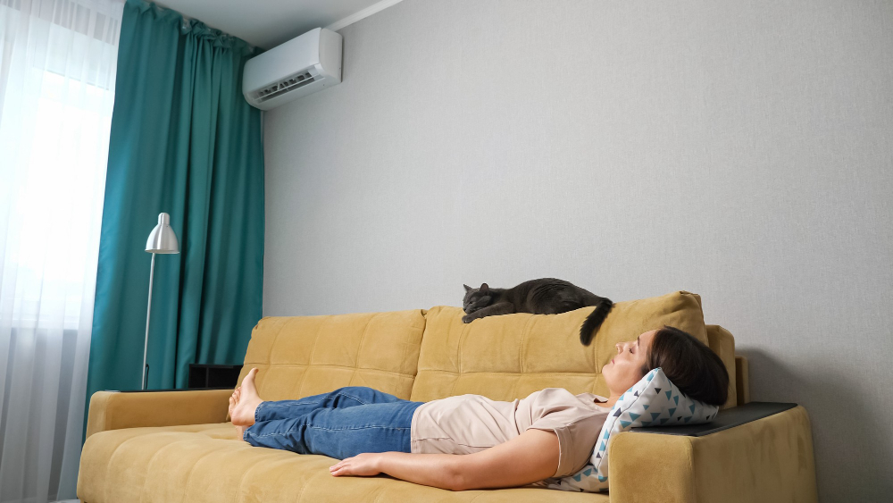 A woman is lying on a yellow couch with her eyes closed, while a black cat rests on the back of the couch in a living room with teal curtains.