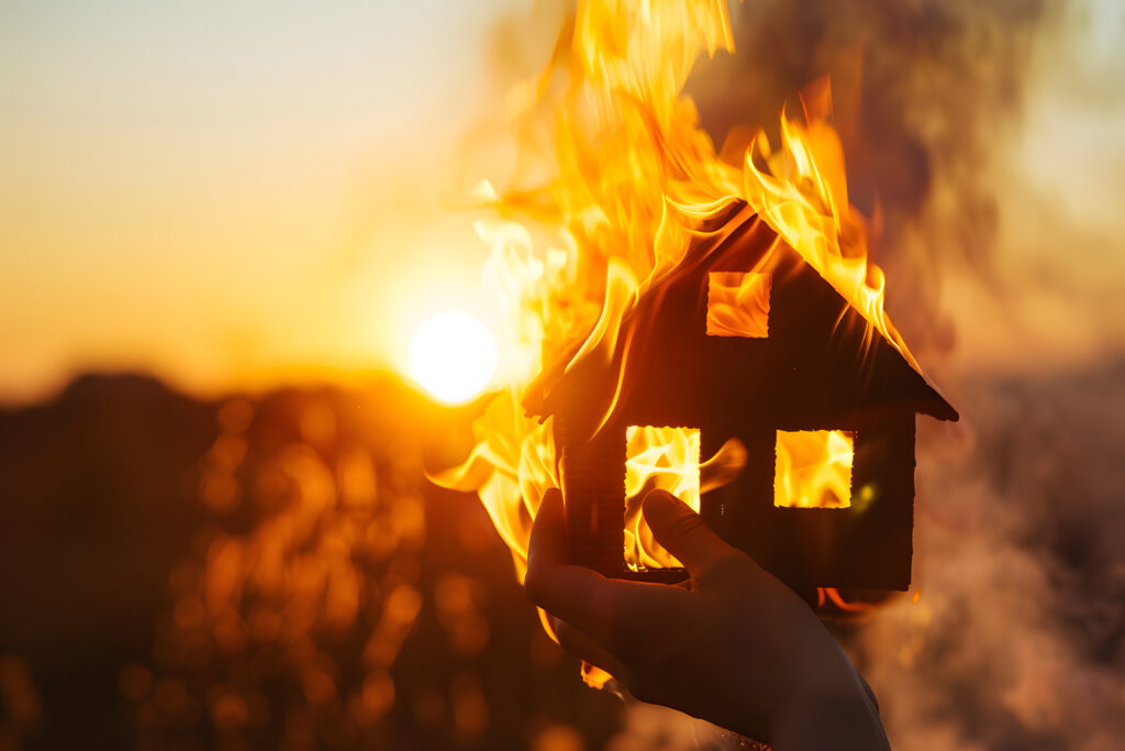 A hand holds a small model house engulfed in flames, with the sun setting in the background, highlighting the dangers of skipping a home electrical inspection.