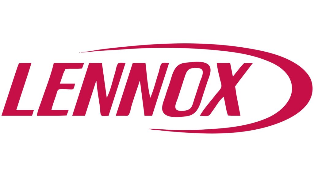 The image shows the Lennox logo with the brand name in bold red uppercase letters and a curved red swoosh surrounding the text.