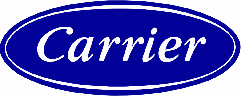 The Carrier logo features the word "Carrier" in white, italicized font inside a blue oval with a white border.