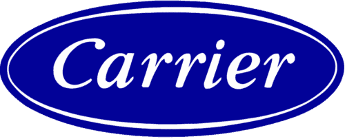 The Carrier logo features the word "Carrier" in white, italicized font inside a blue oval with a white border.