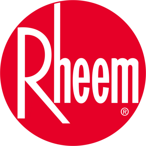 Rheem logo featuring the word "Rheem" in bold black letters on a red circular background.