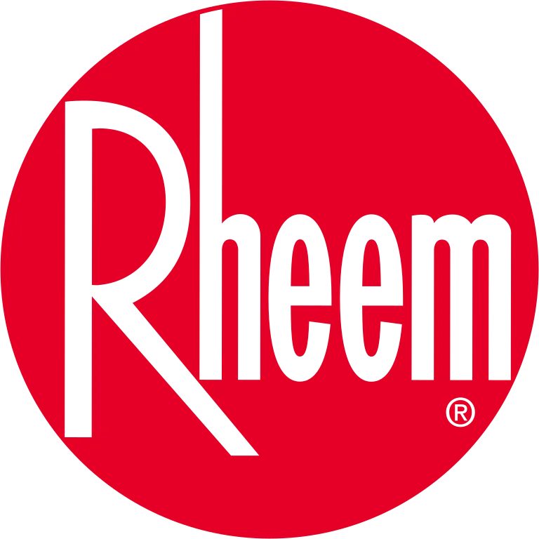 Rheem logo featuring the word "Rheem" in bold black letters on a red circular background.