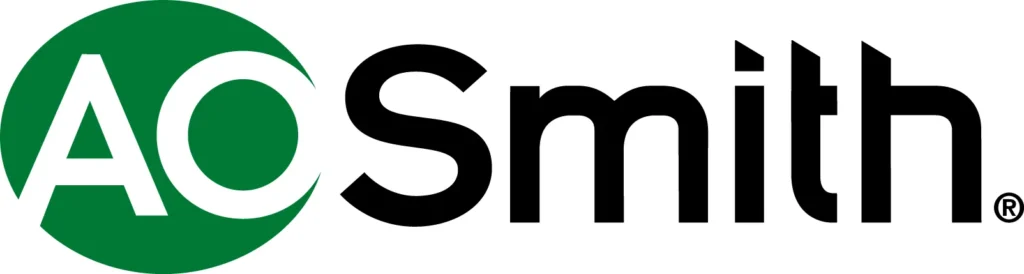 AO Smith logo with bold black text; "AO" appears in white inside a green circle and "Smith" is written in black to the right.