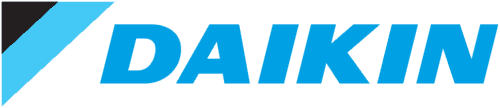Daikin logo featuring a stylized blue and black diagonal stripe next to the word "DAIKIN" in bold blue capital letters on a light background.