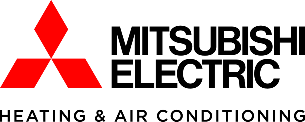 Mitsubishi Electric logo with red three-diamond emblem and black text reading "Mitsubishi Electric" and "Heating & Air Conditioning" below.