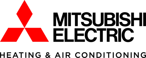 Mitsubishi Electric logo with red three-diamond emblem and black text reading "Mitsubishi Electric" and "Heating & Air Conditioning" below.