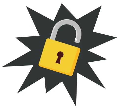 Yellow open padlock icon in front of a black starburst shape, symbolizing access or unlocked status.