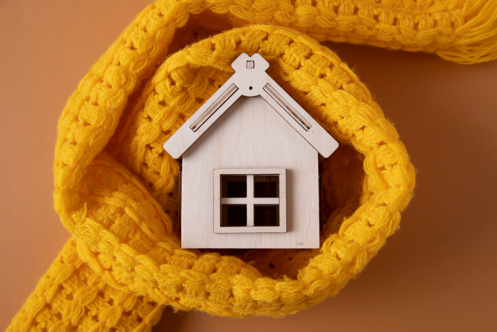 A small wooden house model is wrapped in a yellow knitted scarf on a plain background, symbolizing heating services.