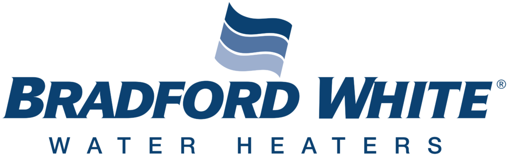 Bradford White Water Heaters logo with blue text and a stylized icon resembling three waves above the company name.